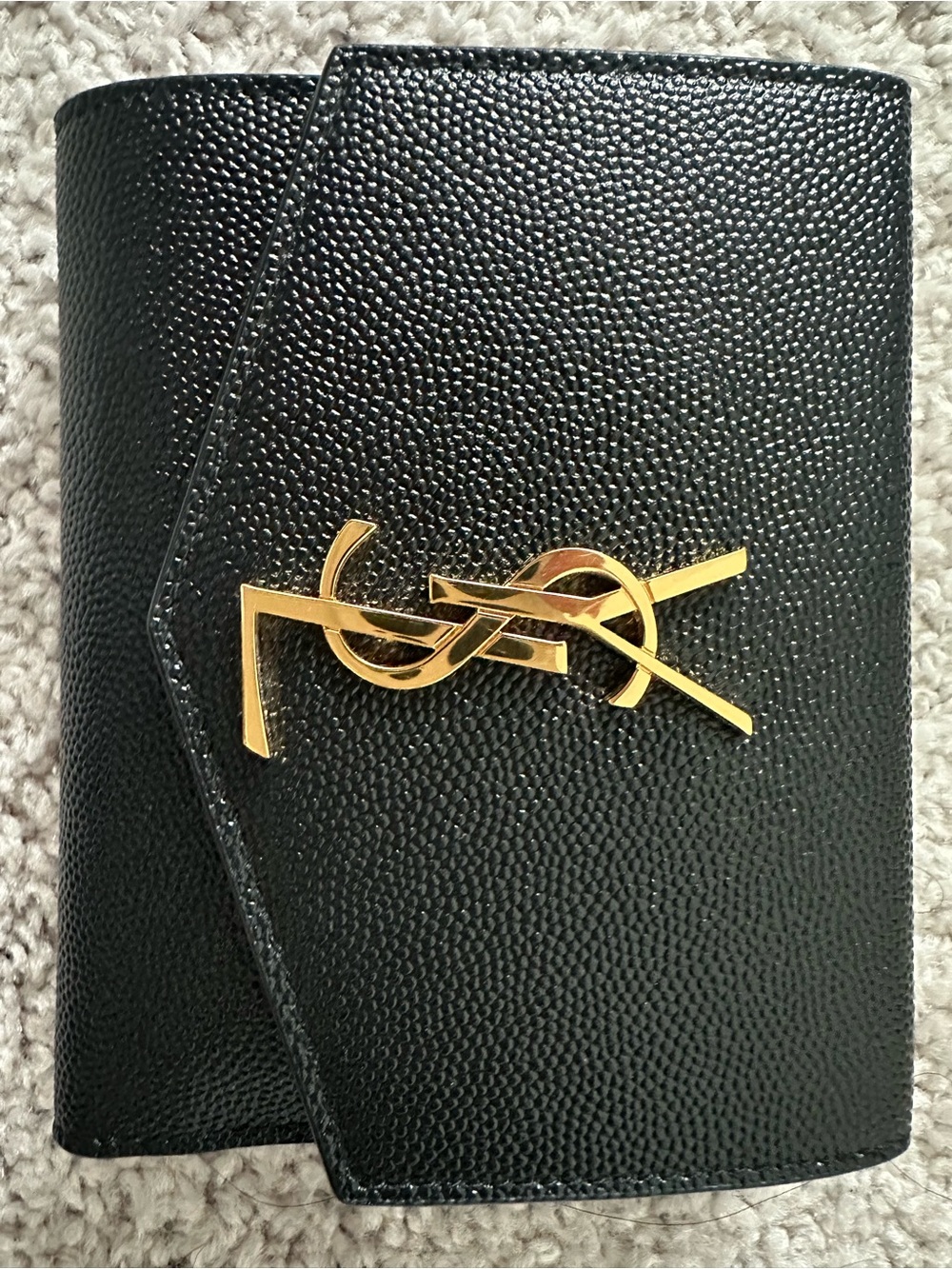 Yves Saint Laurent Black Pebbled Leather Wallet with Gold YSL Emblem